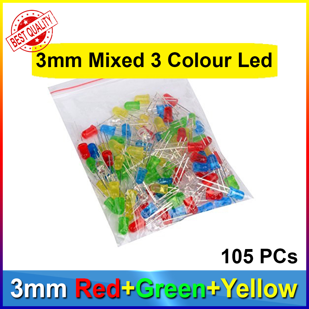 3mm Mixed Led Pack 2.1V-20mA Red Green Yellow-105Pcs 35Pcs Each