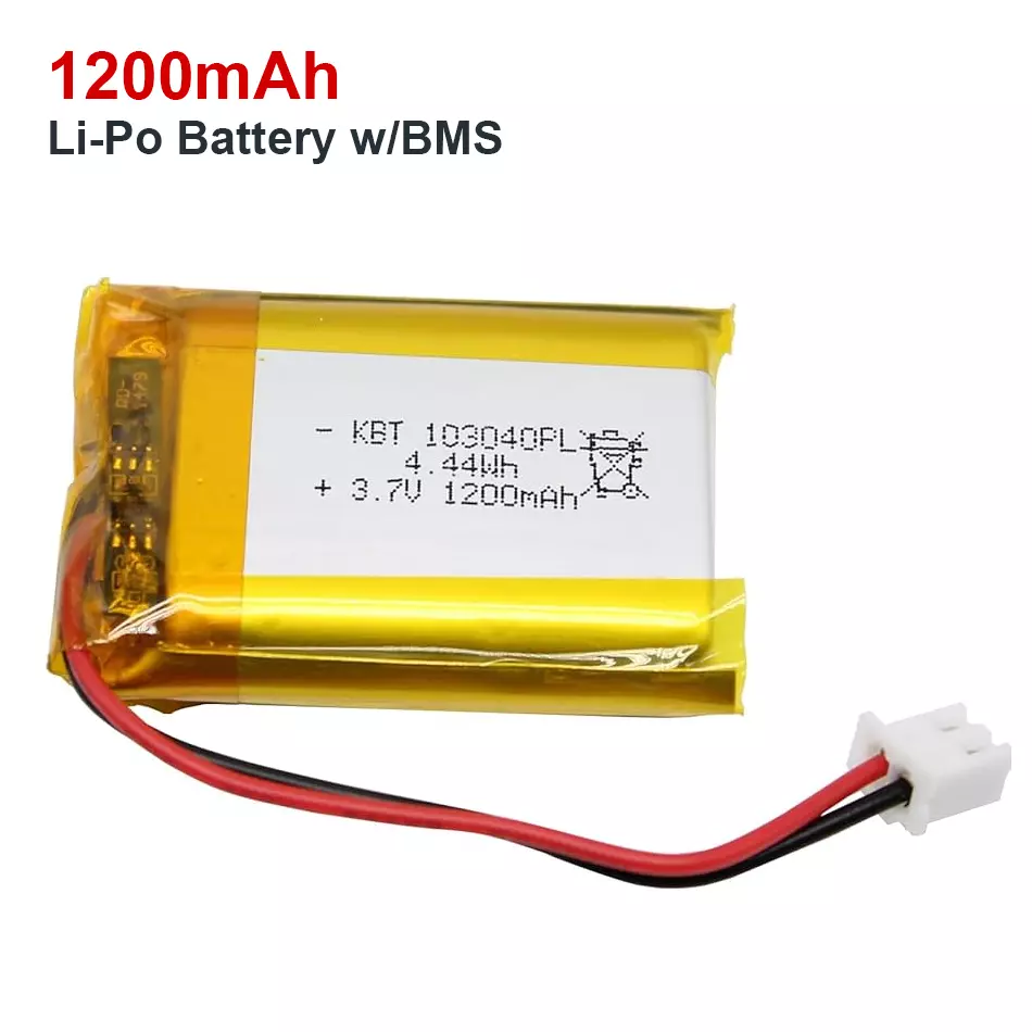 1200mAh Li-Polymer Rechargeable Battery 103040 With BMS and JST Connector