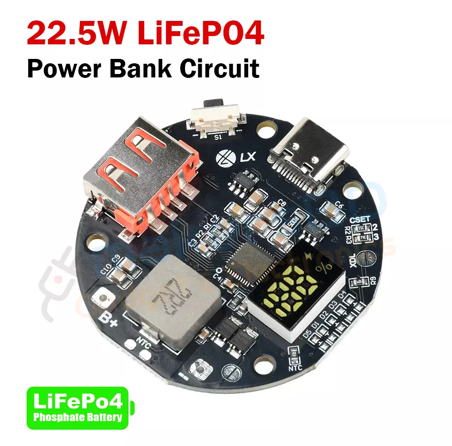 LifePO4 Phosphate Power Bank Circuit 22.5W Bidirectional PD/QC Fast Charging 3.2V Lithium Iron Phosphate